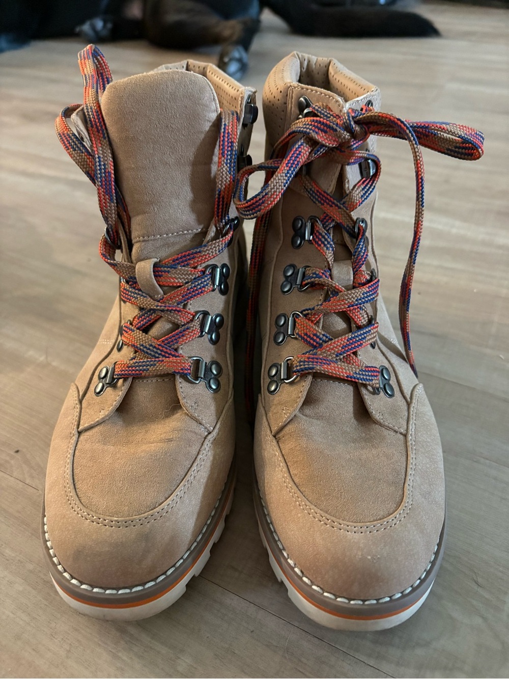 Crown Vintage Tan Suede Lace-Up Hiking Boots with Multi-Color Laces